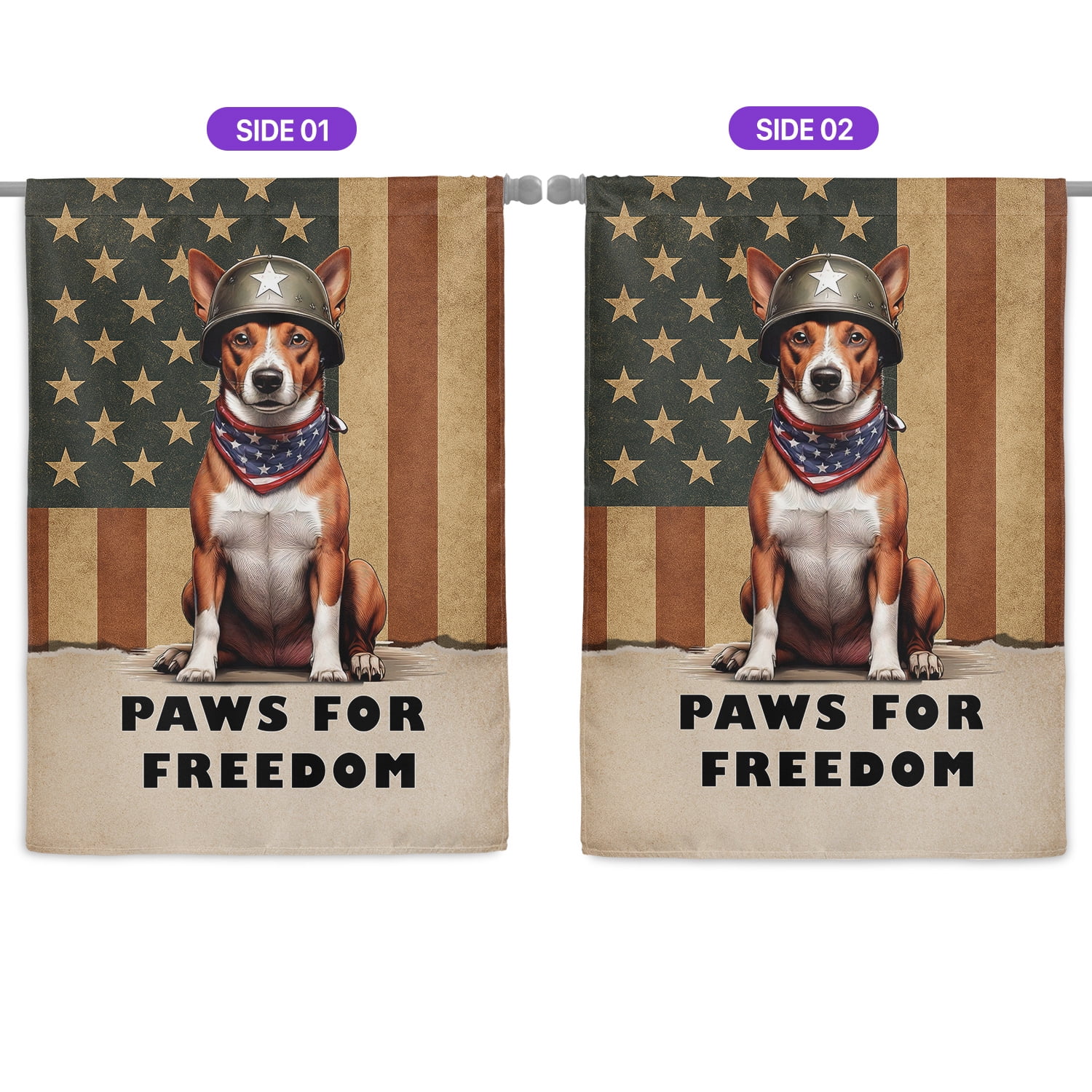 Freedom Paws Patriotic Basenji Vintage Memorial Day House Flag 28x40in Double Sided African Barkless Dog Lover Outdoor Decor - 12006