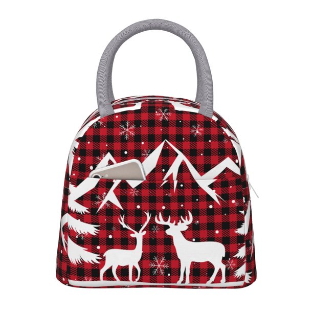 Fotbe Christmas Buffalo Plaid Bolsa de Almuerzo con Estampado, Lonchera Aislada, Contenedor de Comida Reutilizable Tipo Cooler a Prueba de Fugas