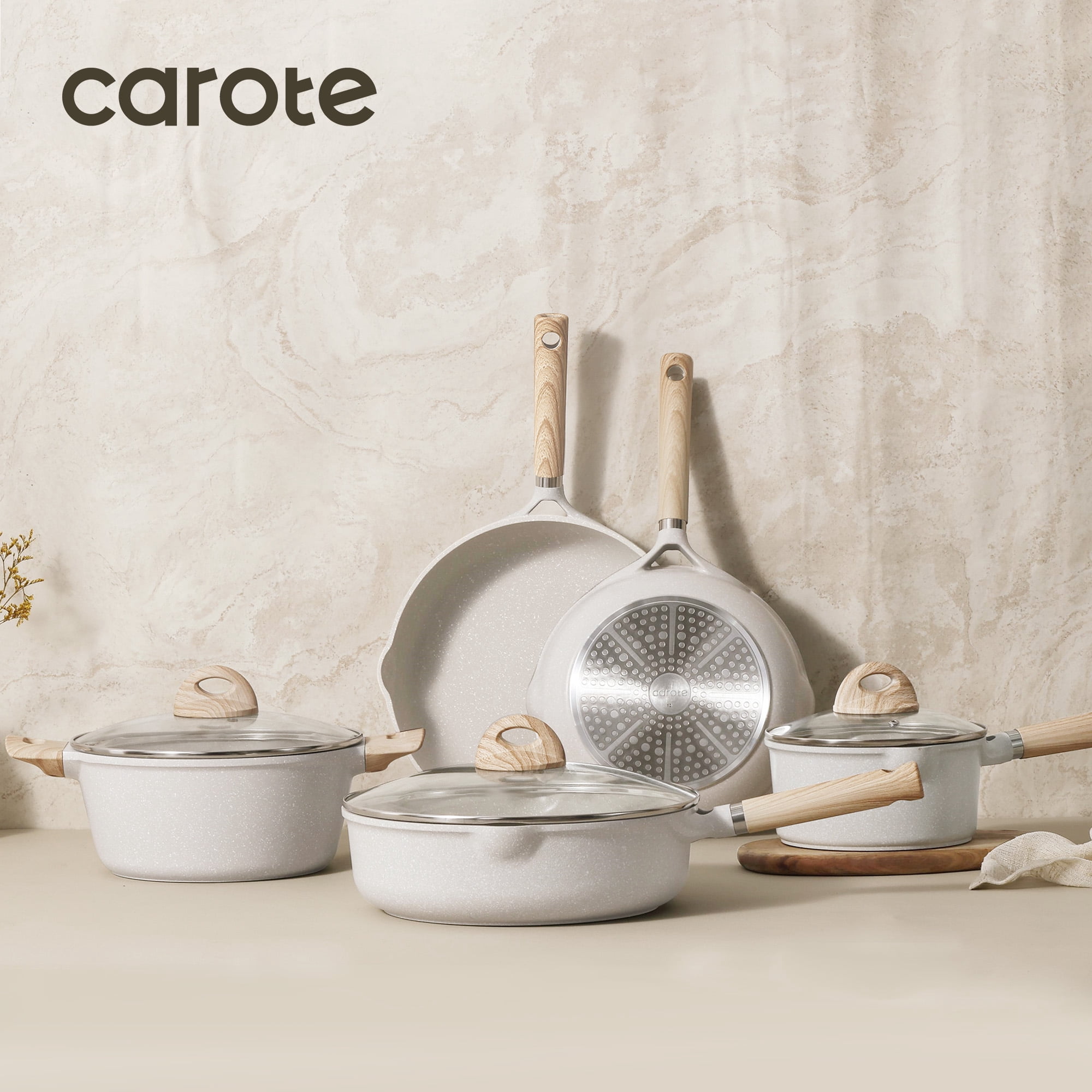 Carote Nonstick Cookware Set 8-Piece,Kitchen Pots and Pans Set,Stay-Cool Handles,Induction Compatible,Cookware Set for RV and Camping,Beige