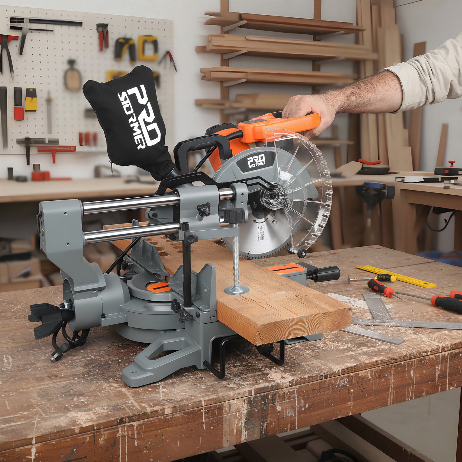 PRO 10-Inch Double Bevel Compound Oblique Saw, 5000RPM, 15A Power Miter Saw, with Compact Track System, LED Shadow Line and Expansion Table