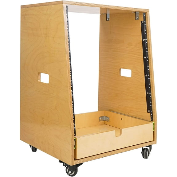 Sound Town 12U DIY Slanted Studio Rack with 12U Rack Space, Extra 2U Drawer, Plywood, Rubber Feet, Casters, Golden Oak (SDRK-12TD2)