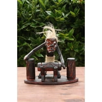 Handmade Wooden Primitive Tribal Playing 3 Djembe Drums Figurine Drumming Statue Funny Sculpture Tiki Bar Handcrafted Unique Gift Decor Accent Figurine Hand Carved