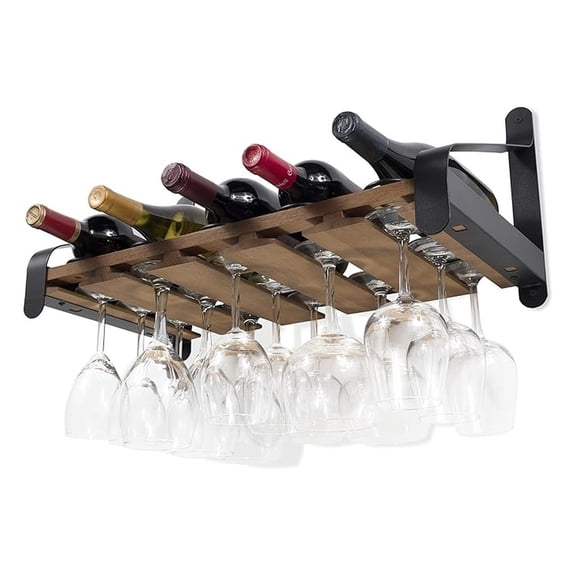 Wall Mount Wood Floating Wine Rack with Glassware Holder Stemware Shelf Organizer for 5 Bottle and up to 15 Glass Storage - Kitchen Dining Room Bar Décor - Walnut