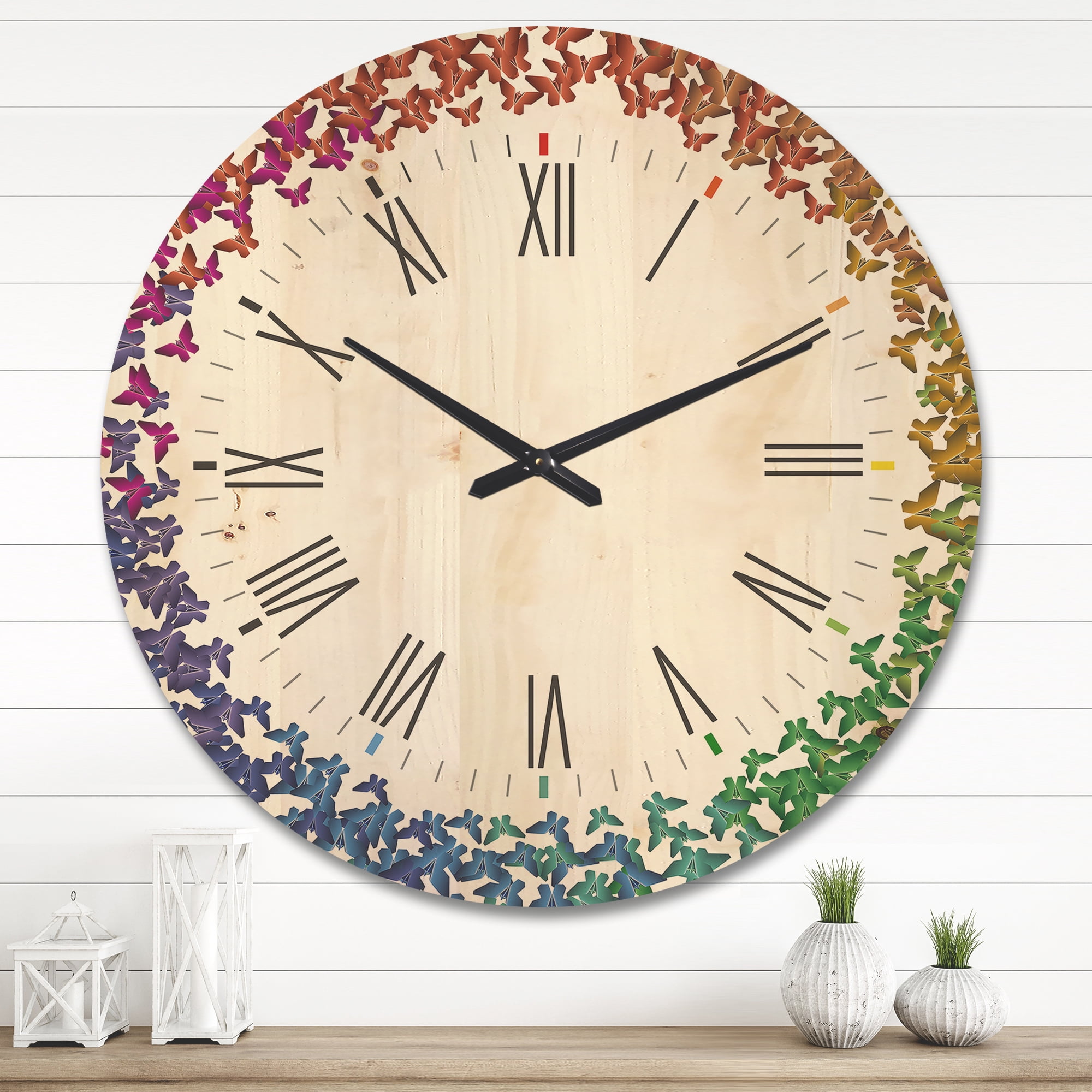 Designart 'Rainbow Butterfly Origami On White' Farmhouse Wood Wall Clock