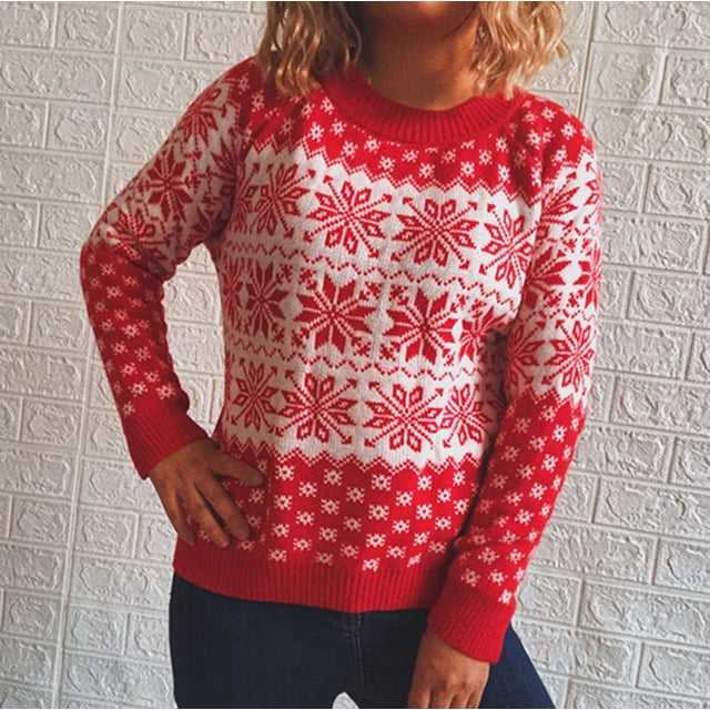 TIMIFIS Chandails de Noël pour Femmes, Chandail Col Rond Décontracté, Manches Longues, Imprimé Flocon de Neige Vintage