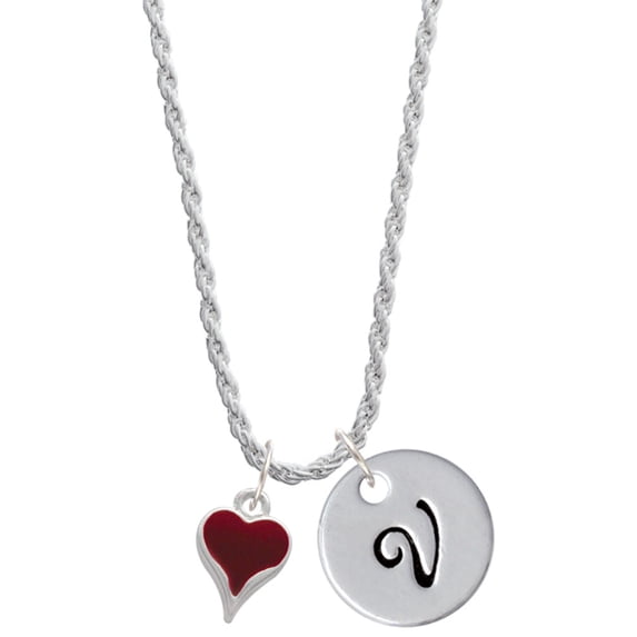 Delight Jewelry Silvertone Small Long Maroon Heart Silvertone Script Initial Disc - V - Charm Necklace, 20"+3"