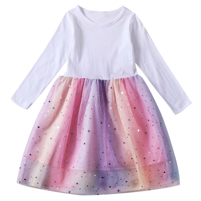 MeetoTime Vêtements pour Bébés Filles 2-10 Ans Coton Couleur Unie Col Rond Manches Longues Robe Patchwork en Tulle Étoilé pour Filles