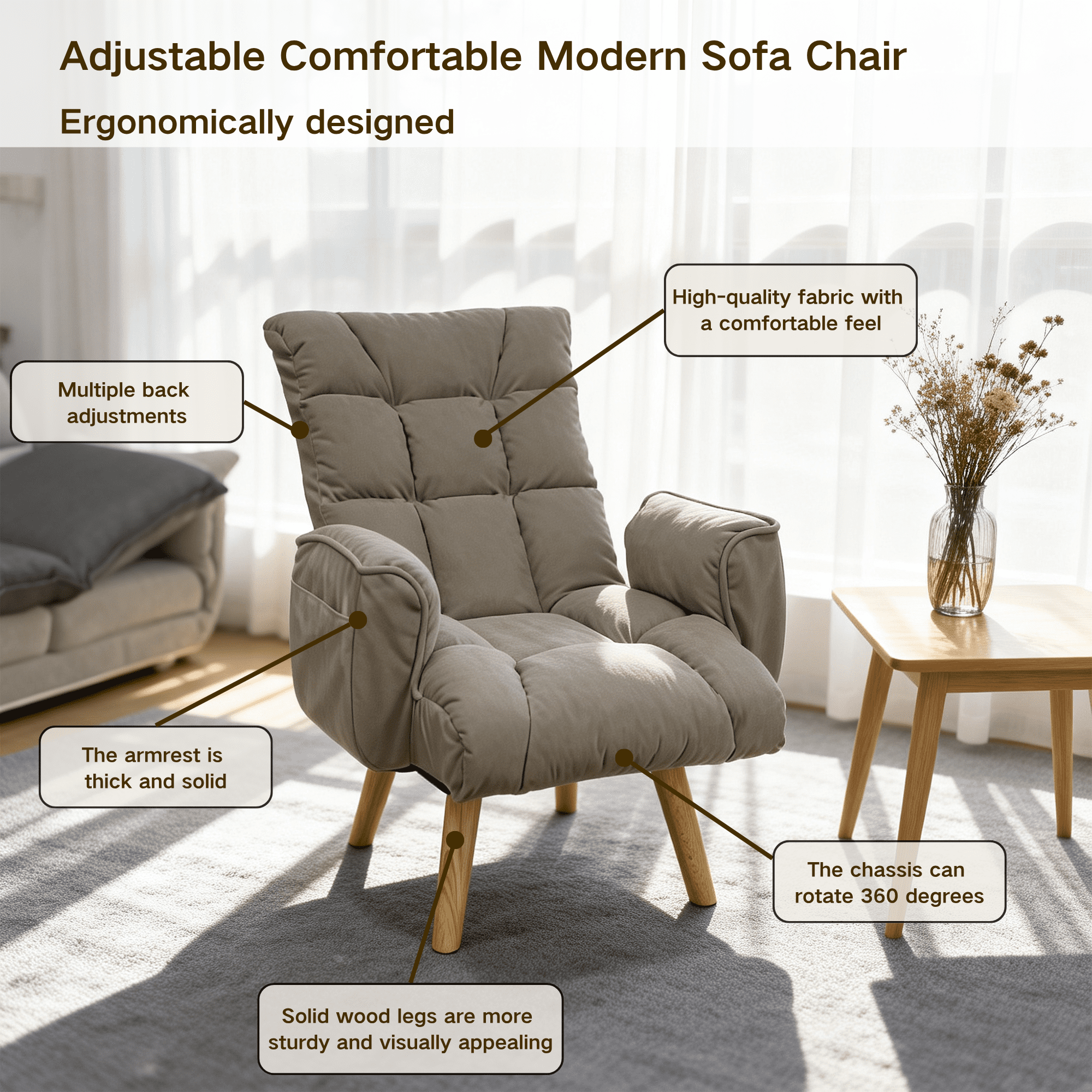 Lounge Chair with 360 Degree Rotating Seat and 3-Level Adjustable Back, Lazy Sofa Chair and Accent Seating with Solid Wood Legs for Living Room, Gray