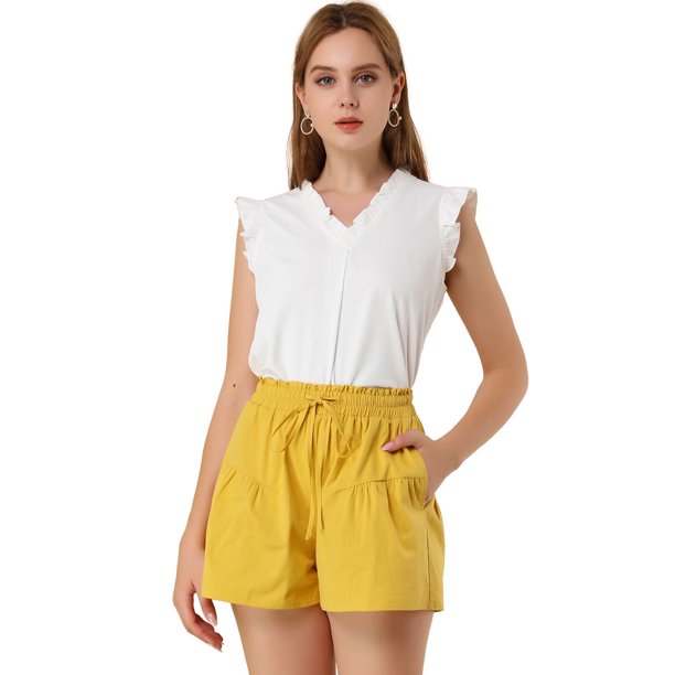 Allegra K Pantalones Cortos De Algodón Con Cintura Elástica Bolsillos Laterales Informales Para Mujer Amarillo XS