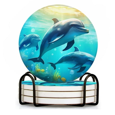

BaHomeck Drink Coasters Set of 4 with Holder Dolphins swimming in the ocean with bright and clear colors Water Absorbent Ceramic Coasters Tabletop Protection Suitable for Various Cup Home Decor