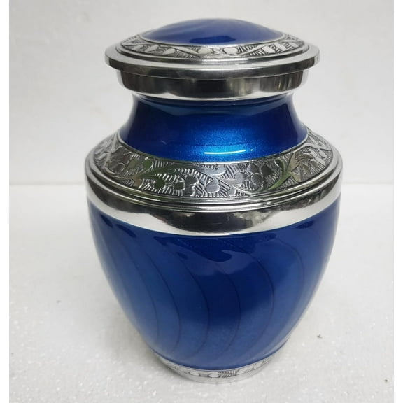 Blue Engraved Small Urns Adult Cremation Urn with Velvet Bag 6 inches