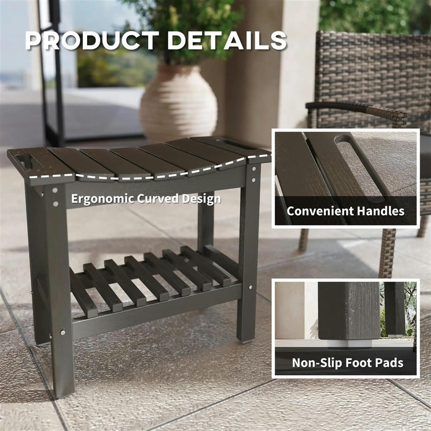 Demi Bonn 20" HDPE Shower Bench, Waterproof Stool with Handle, Storage Shelf, Non-Slip Pads, Indoor/Outdoor for Bathroom, Gray