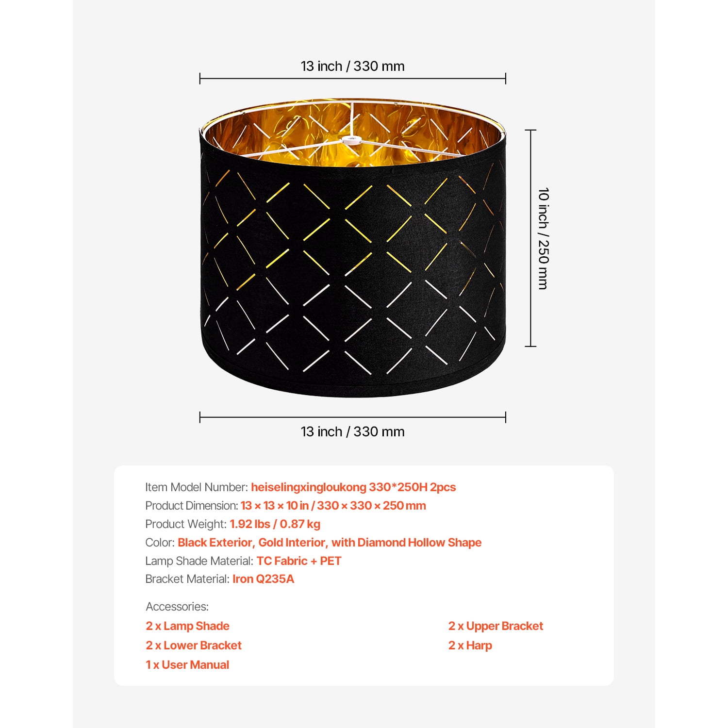 KFFKFF Set of 2 Drum Lamp Shades, 13-inch Top and Bottom Diameter, 10-inch Height, Medium-Sized Shades with Harp, Suitable for Table Lamps, Floor Lamps, and Pendant Lights, Black