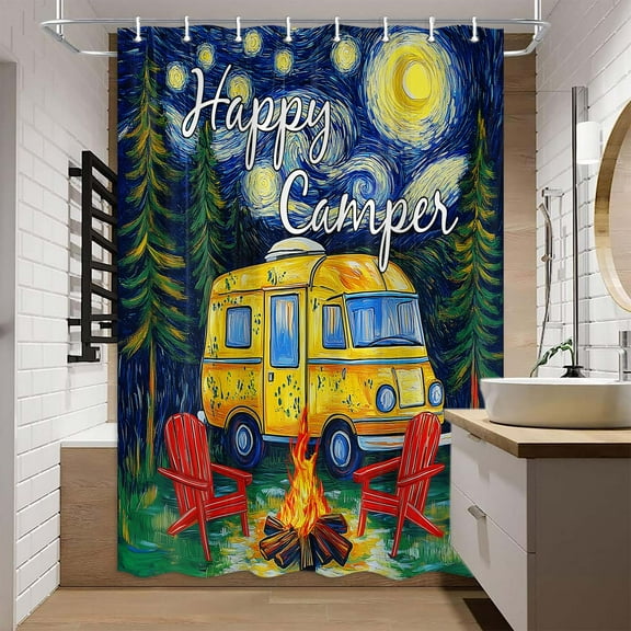 Camper Shower Curtain, Van Gogh Starry Night RV Shower Curtain for Travel Trailer Bathroom, Watercolor Camping Stall Fabric Shower Curtain Set Bathtub Decor Accessories with Hooks, 47X64IN