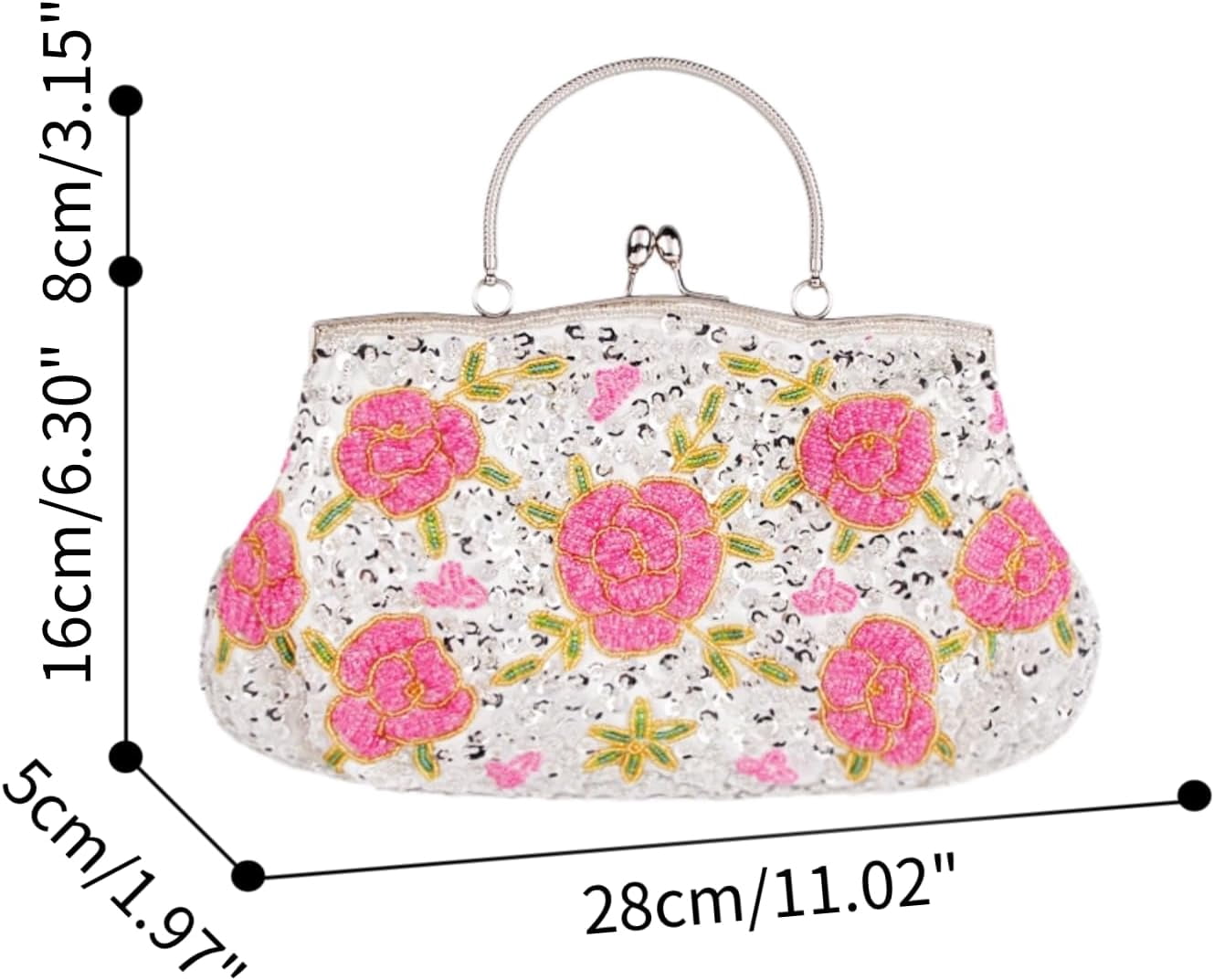 Women's Floral Beaded Embroidered Clutch Purse with Sequins and Detachable Chain - Elegant Evening Bag for Wedding Party