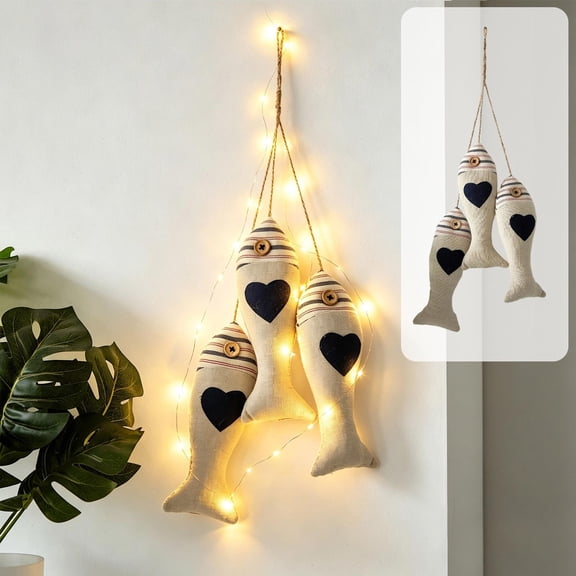 Blue Heart Fabric Fish Hanging Garland, Nautical CoastalCoastal Style Beach Ornaments, Creative LED Light String Decor for Curtain, Living Room, Bedroom & Home Wall Decoration