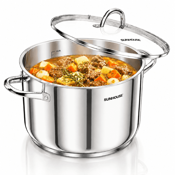 Sunhouse 16 QT Stock Pot with Lid, Stainless Steel Cooking Pot with Impact-Bonded Base, Induction Compatible, Oven Safe