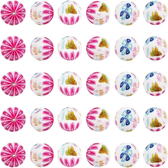 1 Box 30Pcs Flower Print Beads Round Silicone Beads Bulk 15mm Floral Printed Pattern White Soft Rubber Focal Loose Spacers for Jewelry Making Necklace Bracelet Earrings DIY Craft Supplies