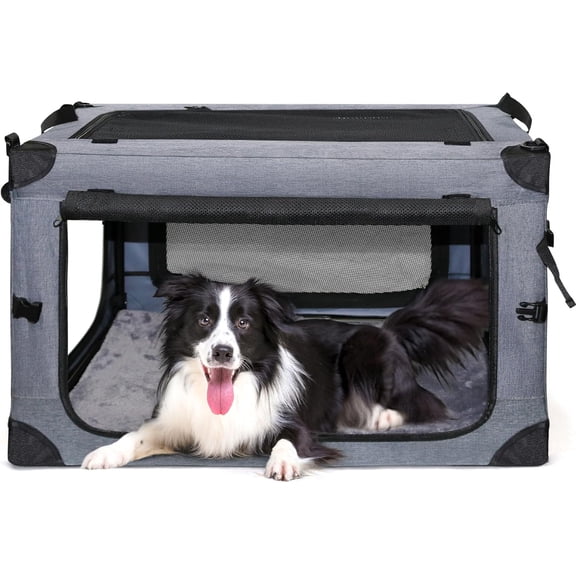 Soft Collapsible Dog Crate - 24 Inch Portable Soft Sided Travel Dog Crates for Small Dogs, 4-Door Foldable Dog Carrier, Pet Kennel Indoor & Outdoor (Gray, 24.0" L x 17.0" W x 17.0" H)