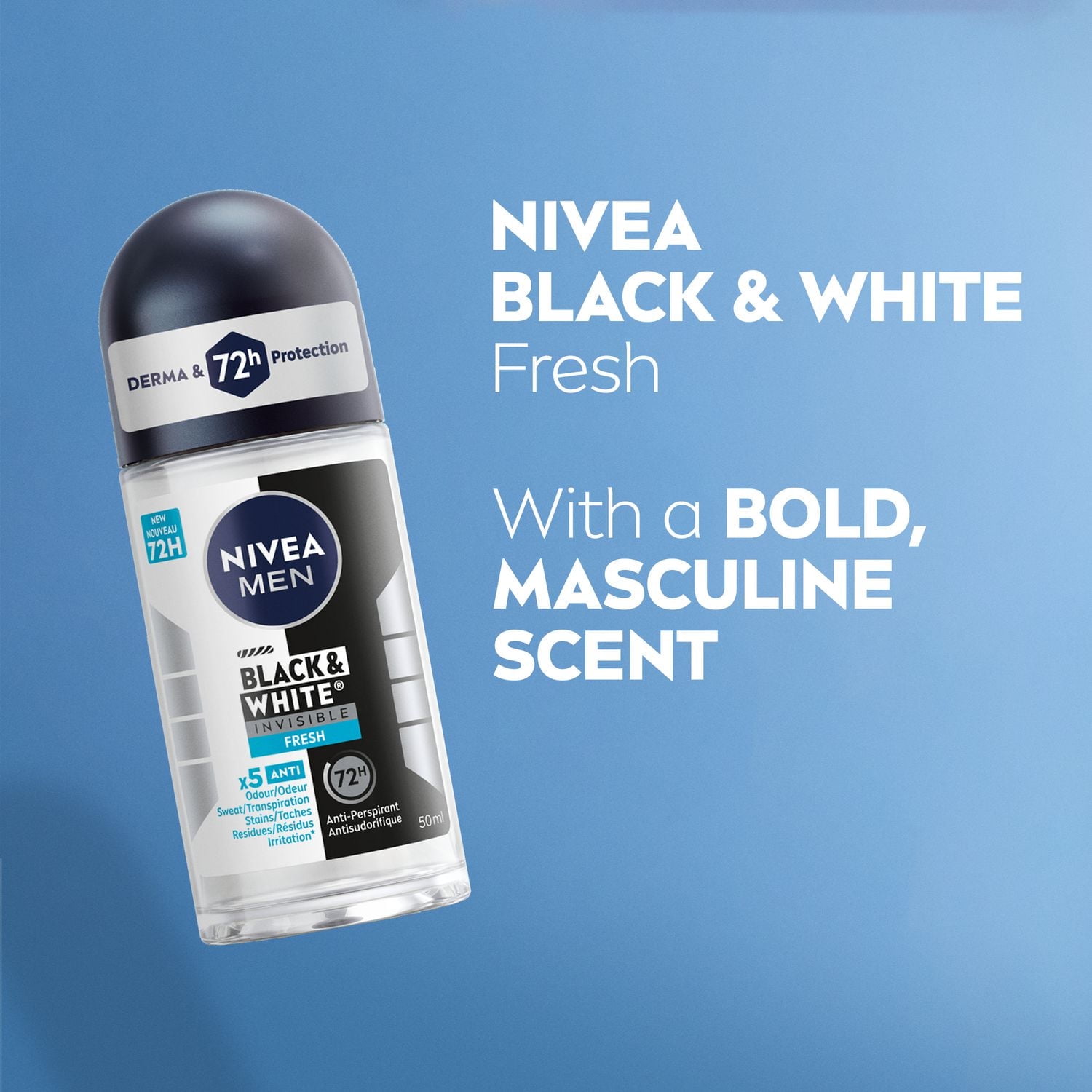 NIVEA MEN Black & White Invisible Roll-On 72-Hr Antiperspirant Deodorant, Fresh, 50mL
