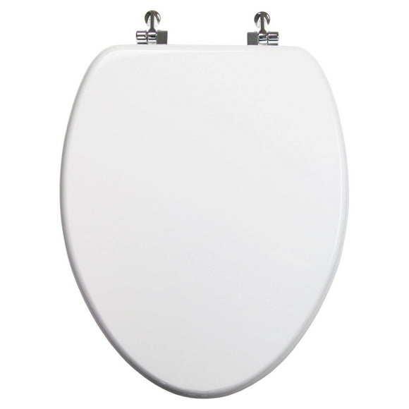 TOPSEAT Elongated Toilet Seat w/Chromed Metal Hinges, Wood, White