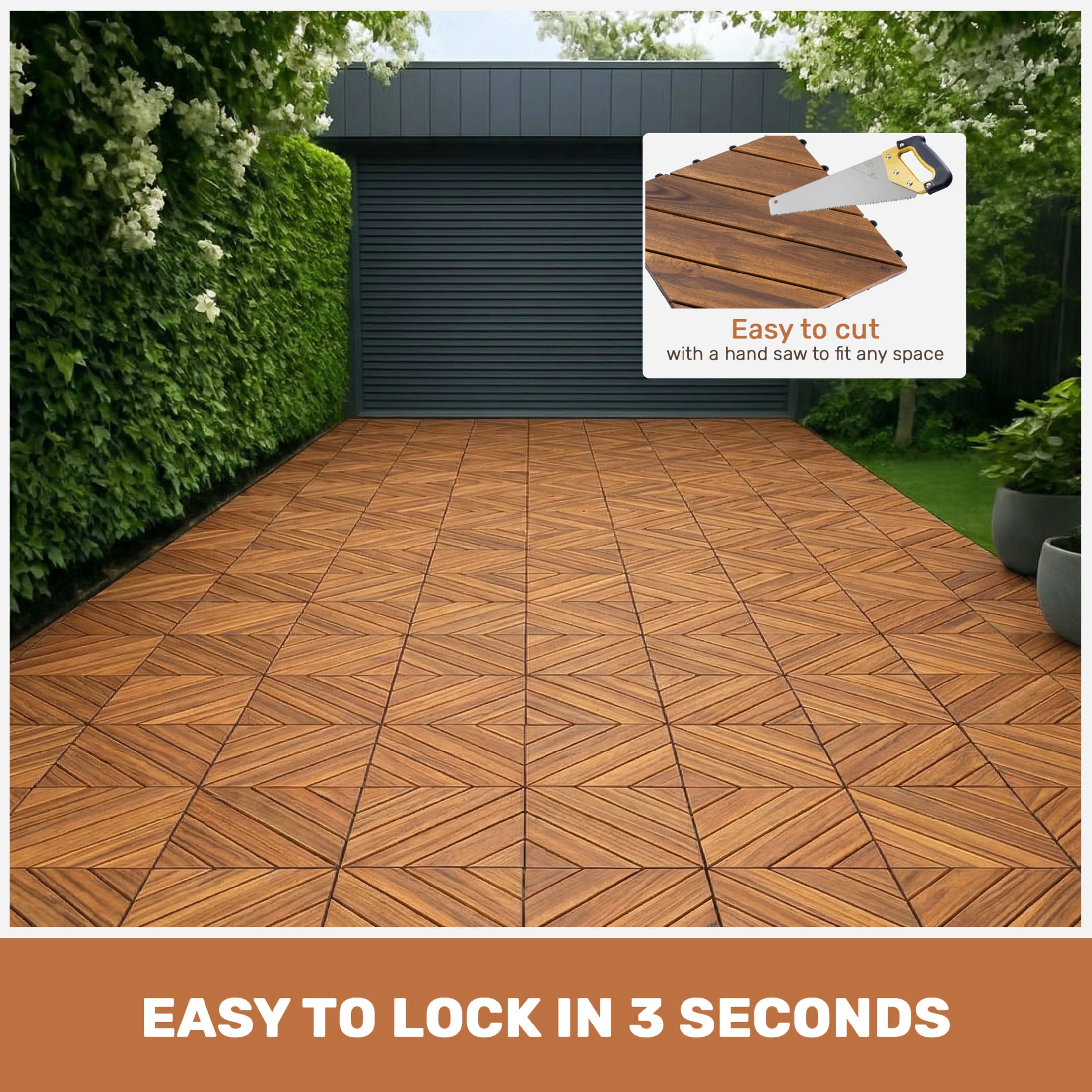 Noble House 12" x 12" Interlocking Deck Tiles, Diagonal Pattern Acacia Wood Outdoor Floor Decking, Brown, Set of 10