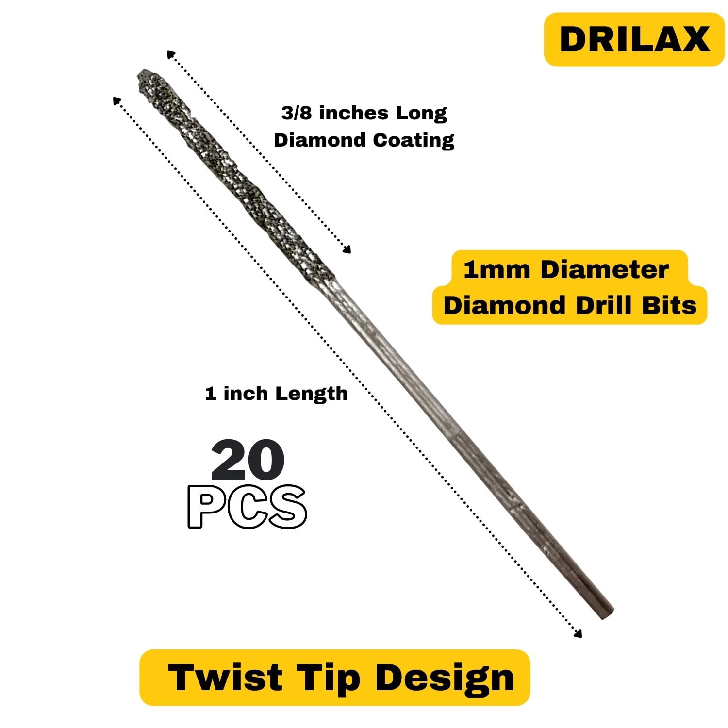 Drilax 20 Pcs Set of 1mm Twist Diamond Drill Bit