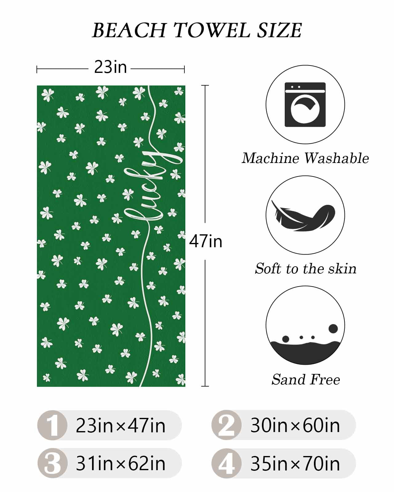 Lucky Shamrock, Beach Towels Oversized Super Absorbent, St. Patrick's Day Irish Clover Green Lightweight Bath Towel Quick Dry Sets For Bathroom/Pool/Rv Camping/Beach Play/Gym Room/Picnic 35"x70"