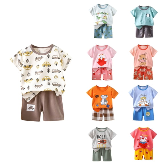 Agkizg 2PC Graphic Short Sleeve Round Neck Top Elastic Waist Shorts with Shoulder Button Set Summer Outfits (Toddler Boy's or Toddler Girl's),2-Piece Set,Sizes 6 Months-9 Years