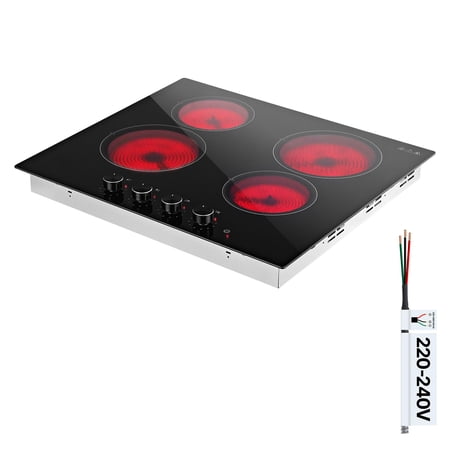 KFFKFF 24-Inch Electric Cooktop with 4 Burners, 6000W, 220V, Ceramic Built-in Radiant Stove, Features 11 Power Settings, Overheat Protection, and Knob Controls for Versatile Cooking Needs