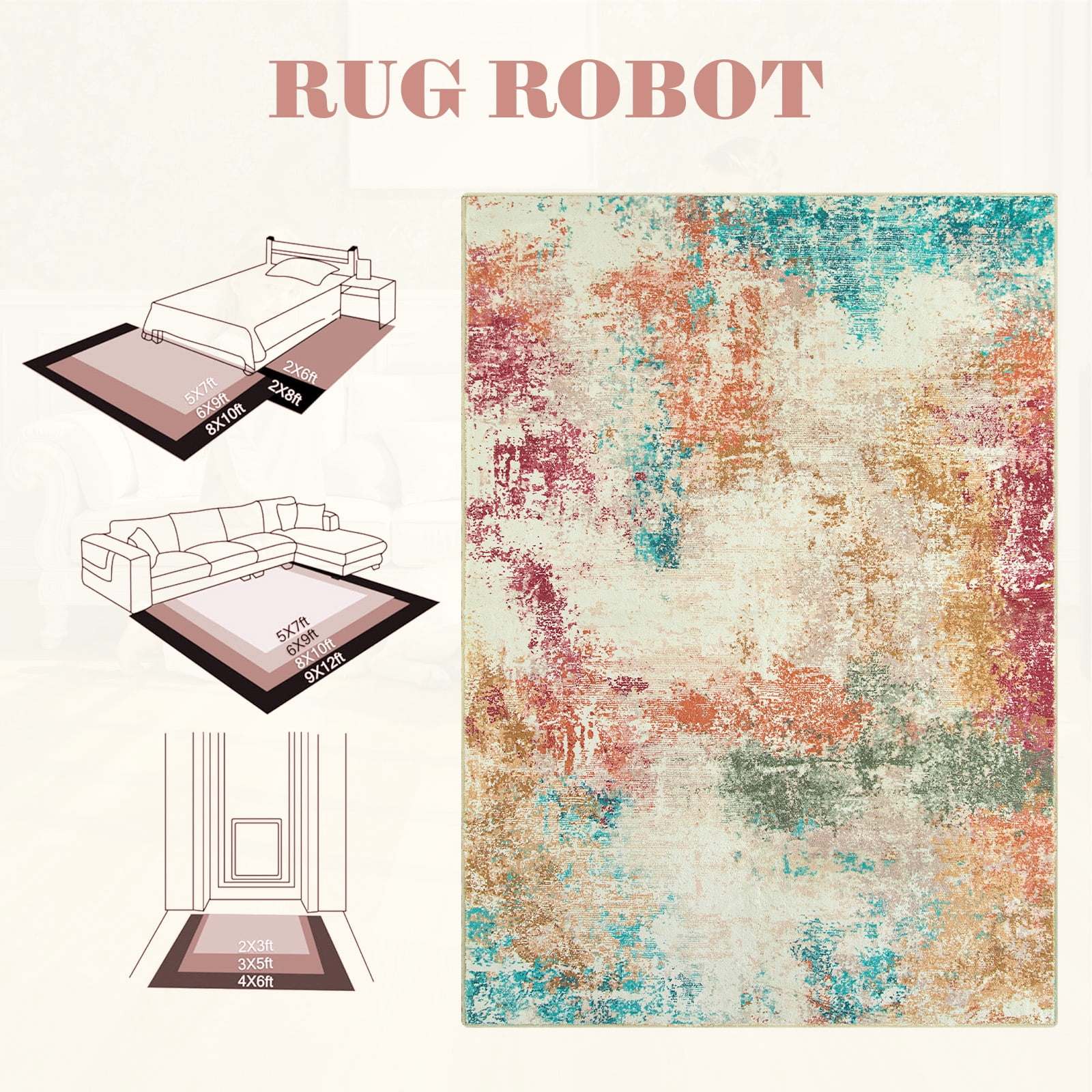 RUG ROBOT 3'x5' Area Rugs for Entryway, Non-Slip Washable Throw Rug, Indoor Soft Modern Abstract Distressed Small Balcony Terrace Rug Door Mat for Bedroom, Kitchen Room, Colorful