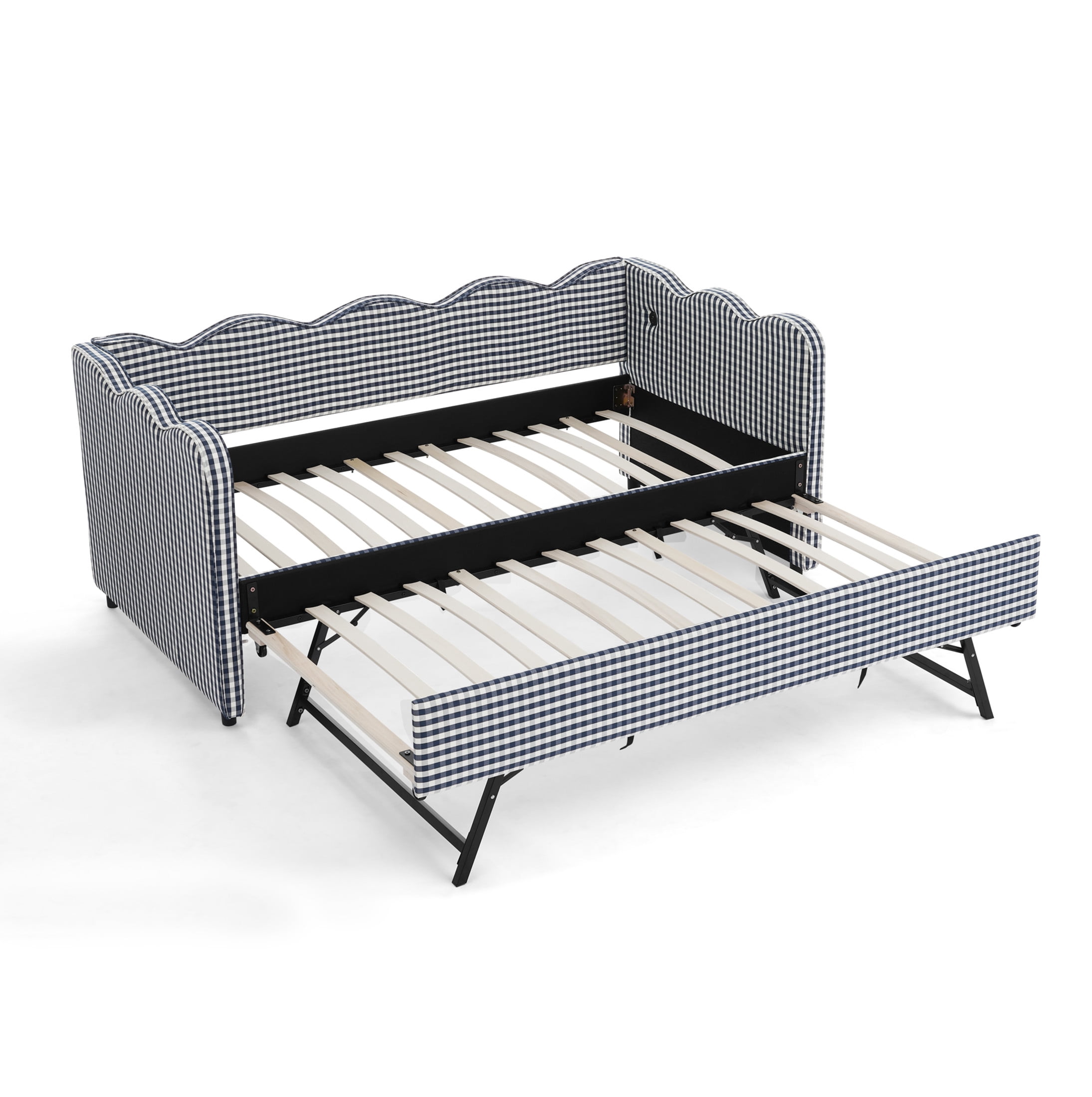 Noble House Wesley Twin Size Waved Daybed, Cozy Gingham Linen Sofa Bed with Twin Trundle and Charging Port, Navy Blue