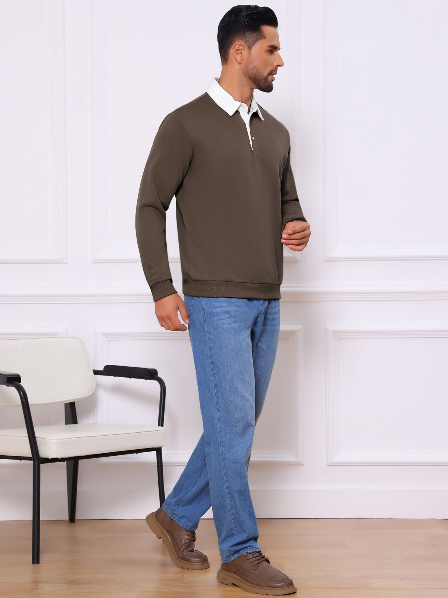 DARING DIVA Men's Contrast Collared Long Sleeves Pullover Polo Sweatshirt XL Brown