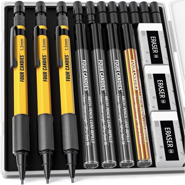 czcpp-1.3mm Mechanical Pencil Set with 48 Lead Refill, 3PCS Metal Weatherproof Body Heavy Duty Carpenter Pencil, 3 Eraser, 12 Eraser Refill, for Outdoor Woodworking Drafting Marking with Case