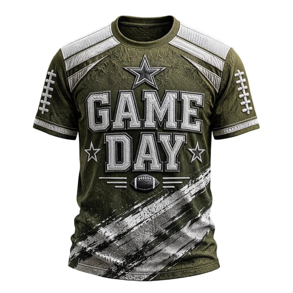 Game Day Shirt for Men Football Season Print Striped Short Sleeve Crew Neck Sports Fan Graphic Jersey Army Green M