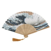 Domqga Japan Fans, Hand Fan, Elegant Janpanese Style Painted Waves Retro Bamboo Folding Fan Home Office Decoration