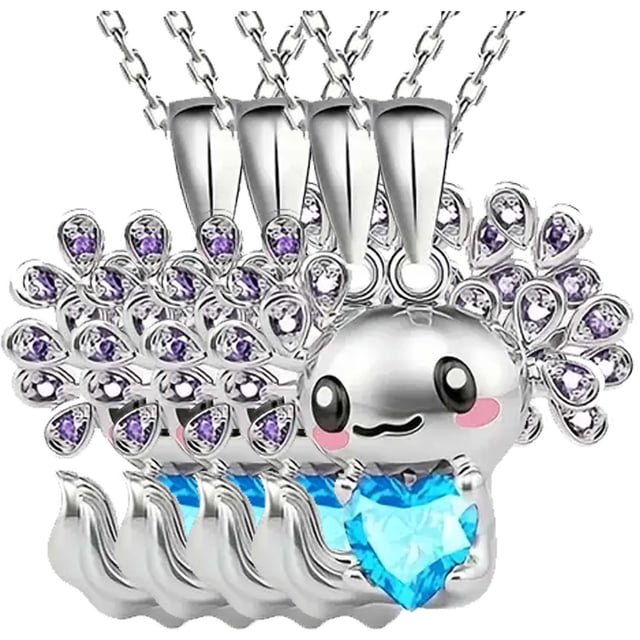 Ajolote Cadena con Dije AxolotlNeck05 4Pzas Ajolote/Corazón Plata/Azul Metal Cadena y Dije.