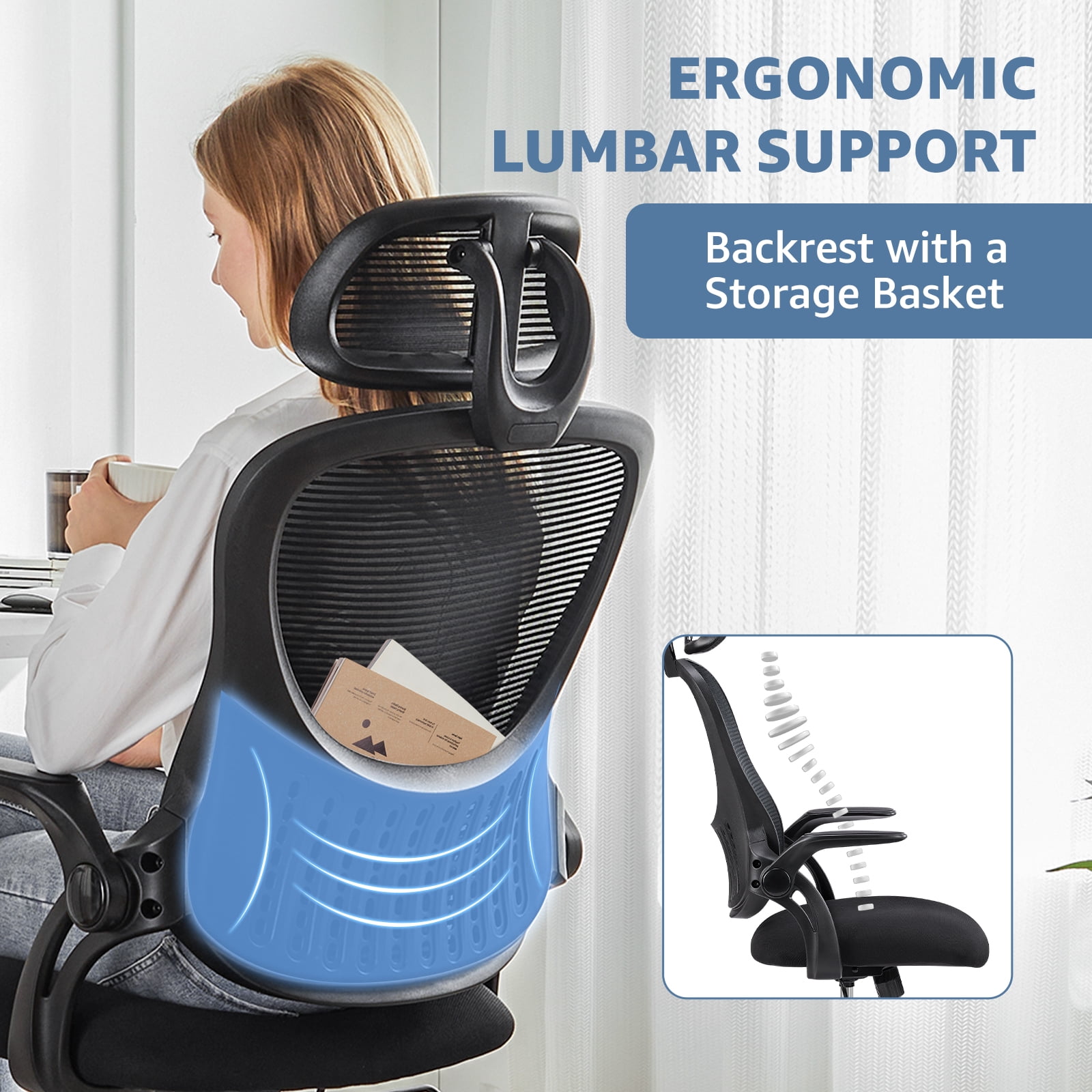 CONCETTA Office Desk Chair, Ergonomic High Back Mesh Chair with Headrest and Flip-up Armrest, Black