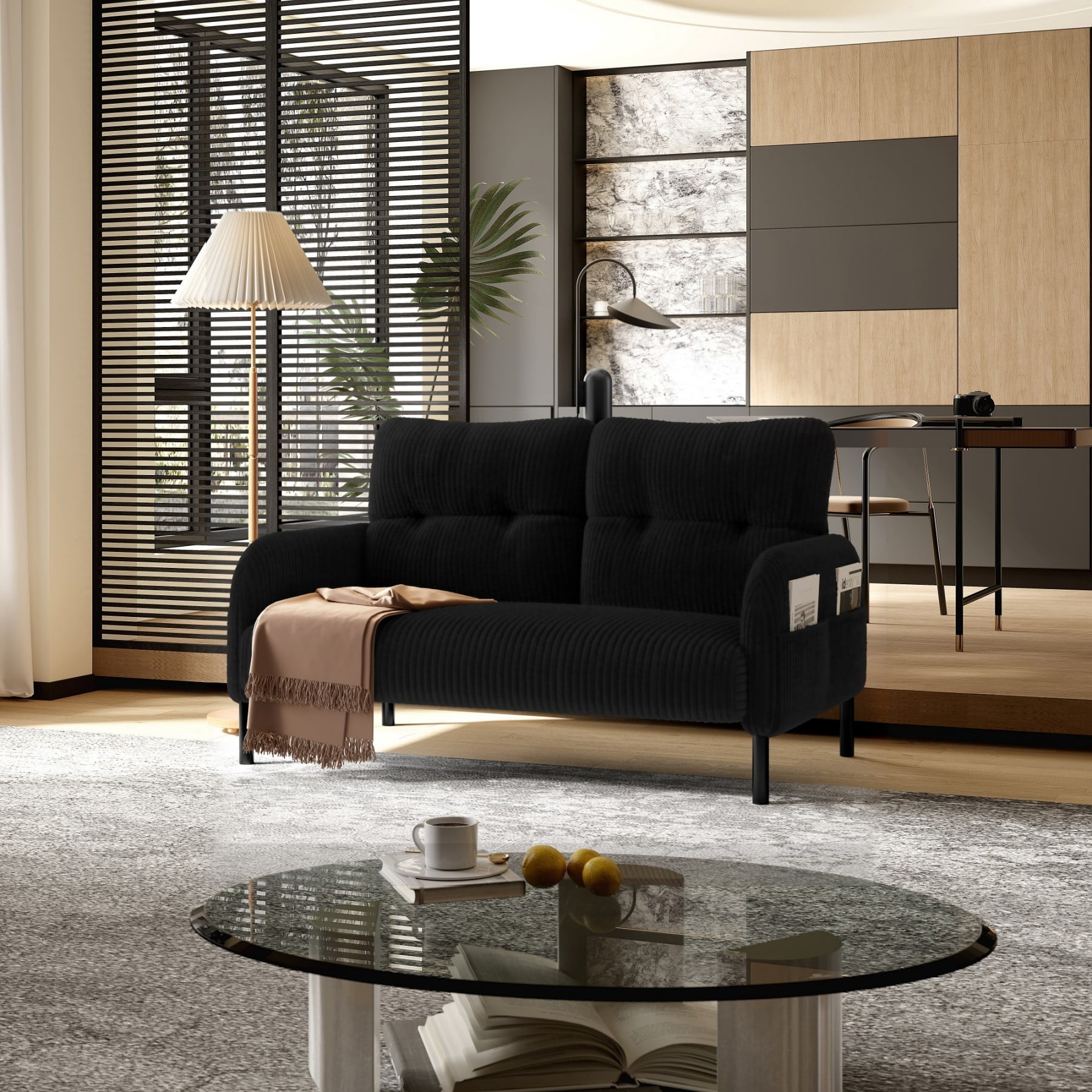 Corduroy Loveseat Sofa, Modern Upholstered Double Sofa Couch with Side Pockets for Living Room Bedroom Apartment, Black