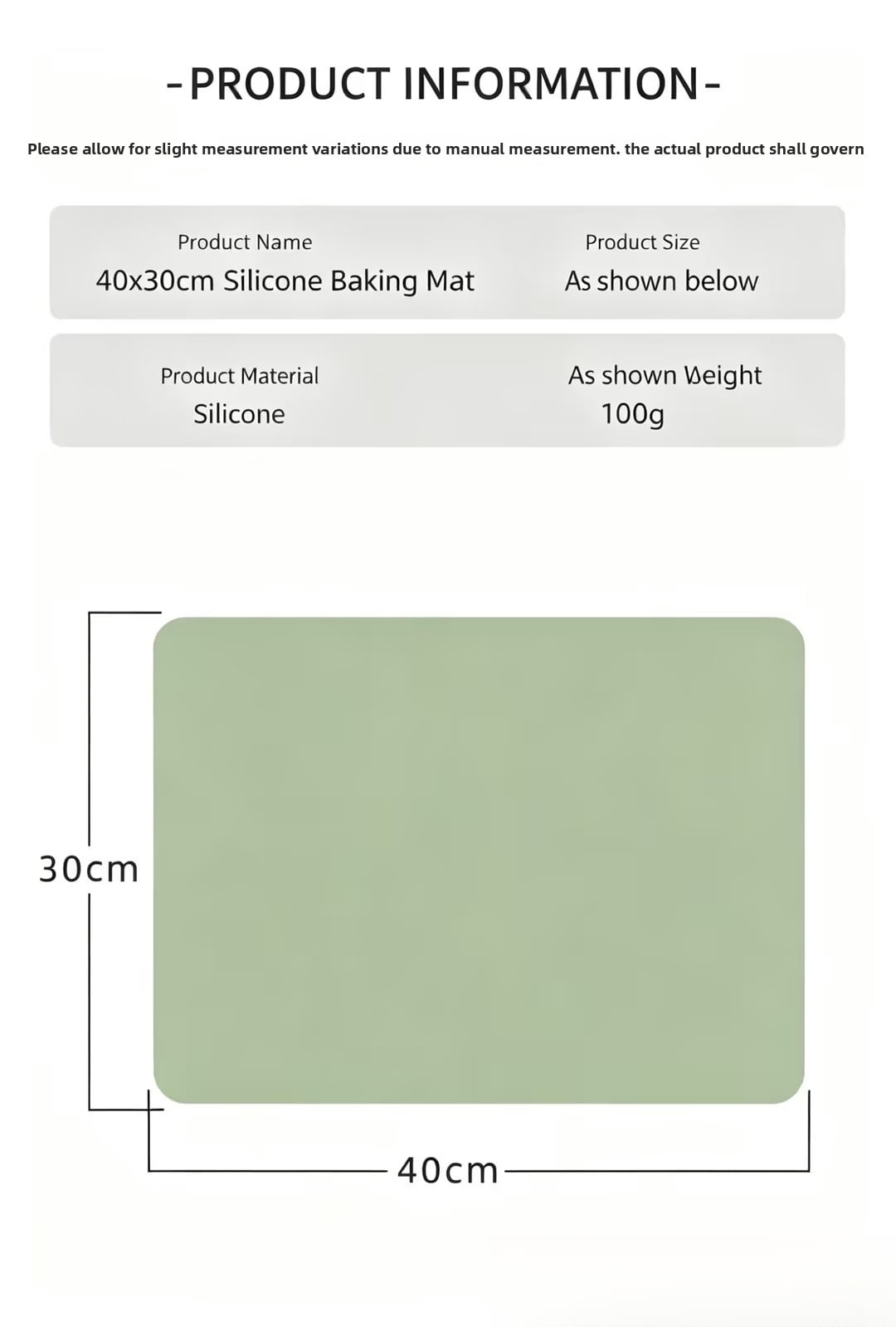 Bean green 40*30cm-100g matte bottom (packaged in Opp bag), silicone oven mat, kitchen baking mat, macaron baking mat, cookie baking mat, biscuit baking mat
