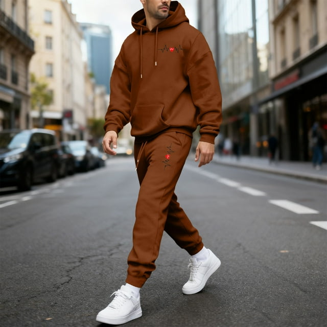 Ceisia Men's Loose Fit ECG Print Hooded Sweatshirt & Jogger Set - Warm Stretch Casual Two-Piece Tracksuit Gifts