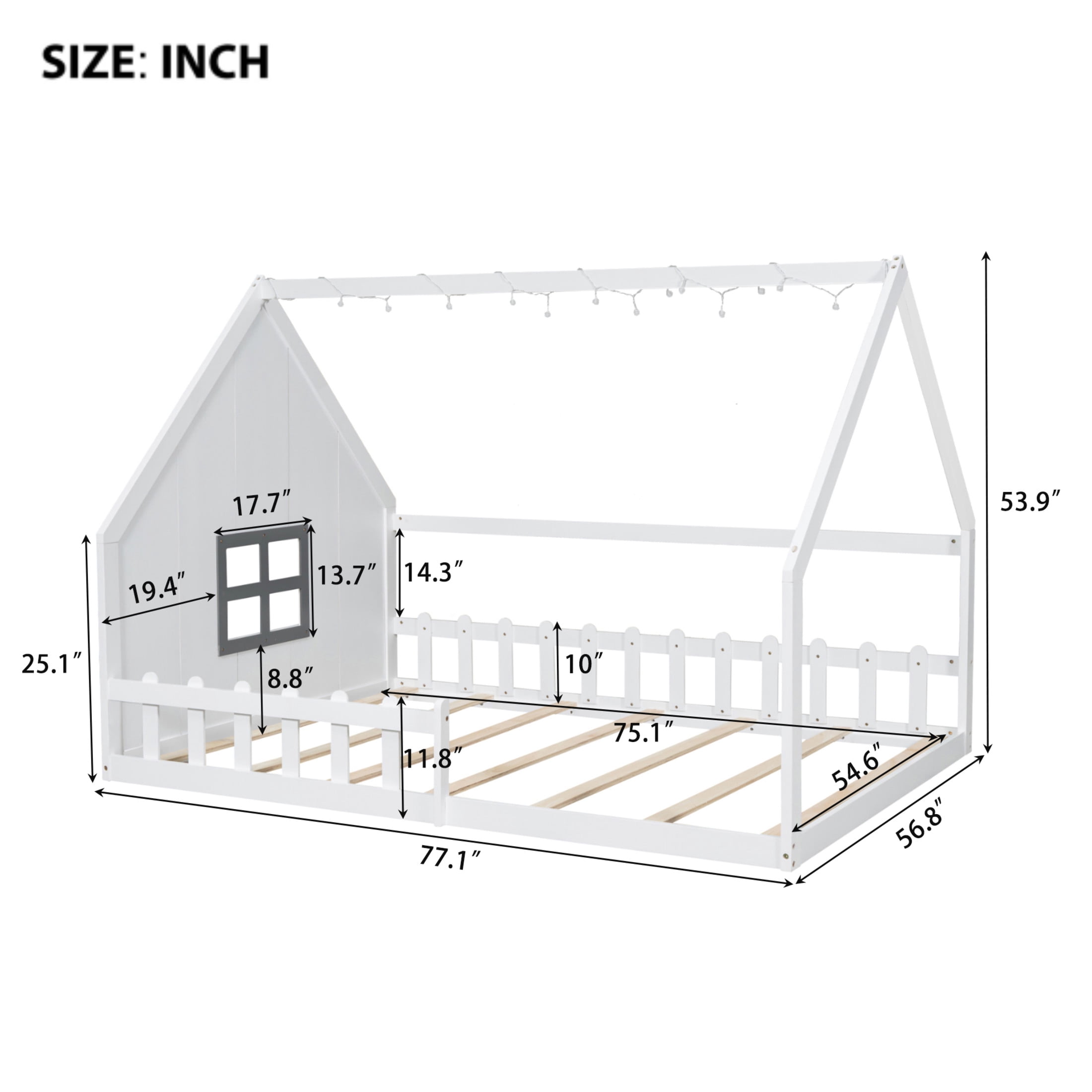 Noble House Full Size Wood House Bed with Window and Fence Guardrails, Safety Design for Kids, White