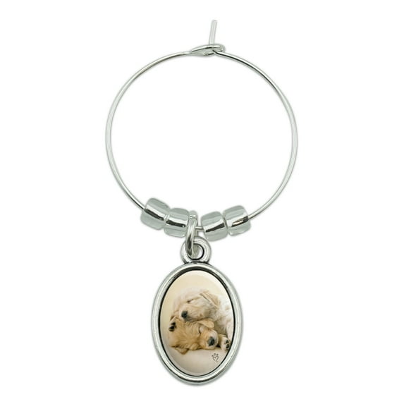 Golden Retriever Puppies Dogs Friends Sleeping Wine Glass Oval Charm Drink Marker