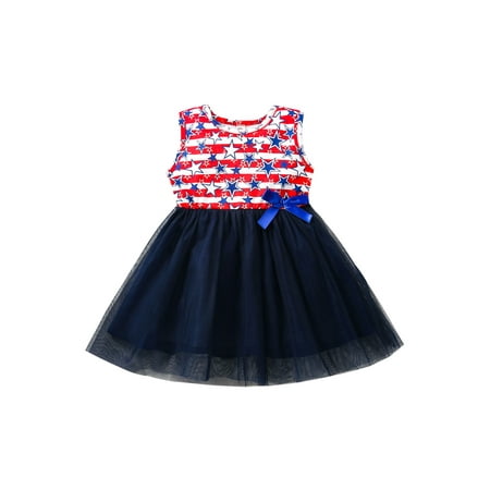 

4th of July Toddler Kids Girl American Flag Outfits Star Stripe Sleeveless Summer Dress Independence Day