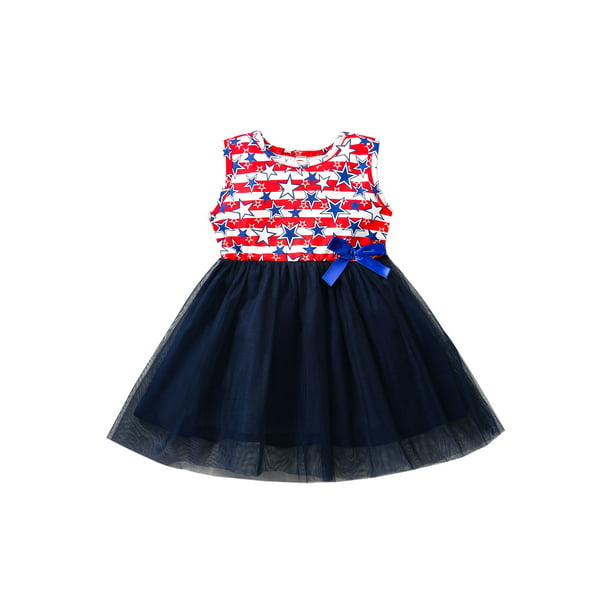 Xingqing Toddler Kids Dress, Star Stripe Print Round Collar 