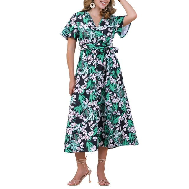 INSPIRAR CHIC Vestido Maxi Tropical Impreso de Manga Corta con Cuello en V y Abertura Floral S Verde