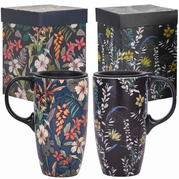 Topadorn Set of 2 Floral Ceramic Travel Mugs, 17oz, Tropical & Midnight Garden Prints, Spill-Resistant Lids, Microwave/Dishwasher Safe, Gift Boxed