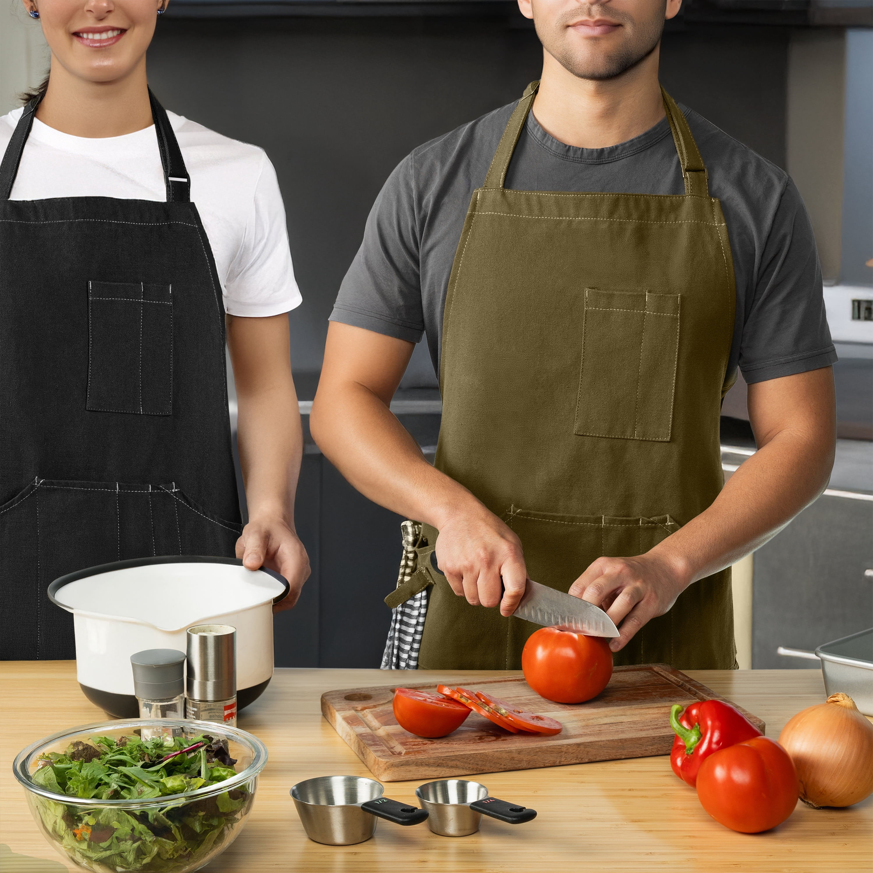 OPUX Chef Apron for Men, Canvas Apron with Pockets for Women, Large BBQ Apron for Kitchen Grilling Baking, Heavy Duty Work Apron with Adjustable Neck Strap for Barber Gardening, Olive