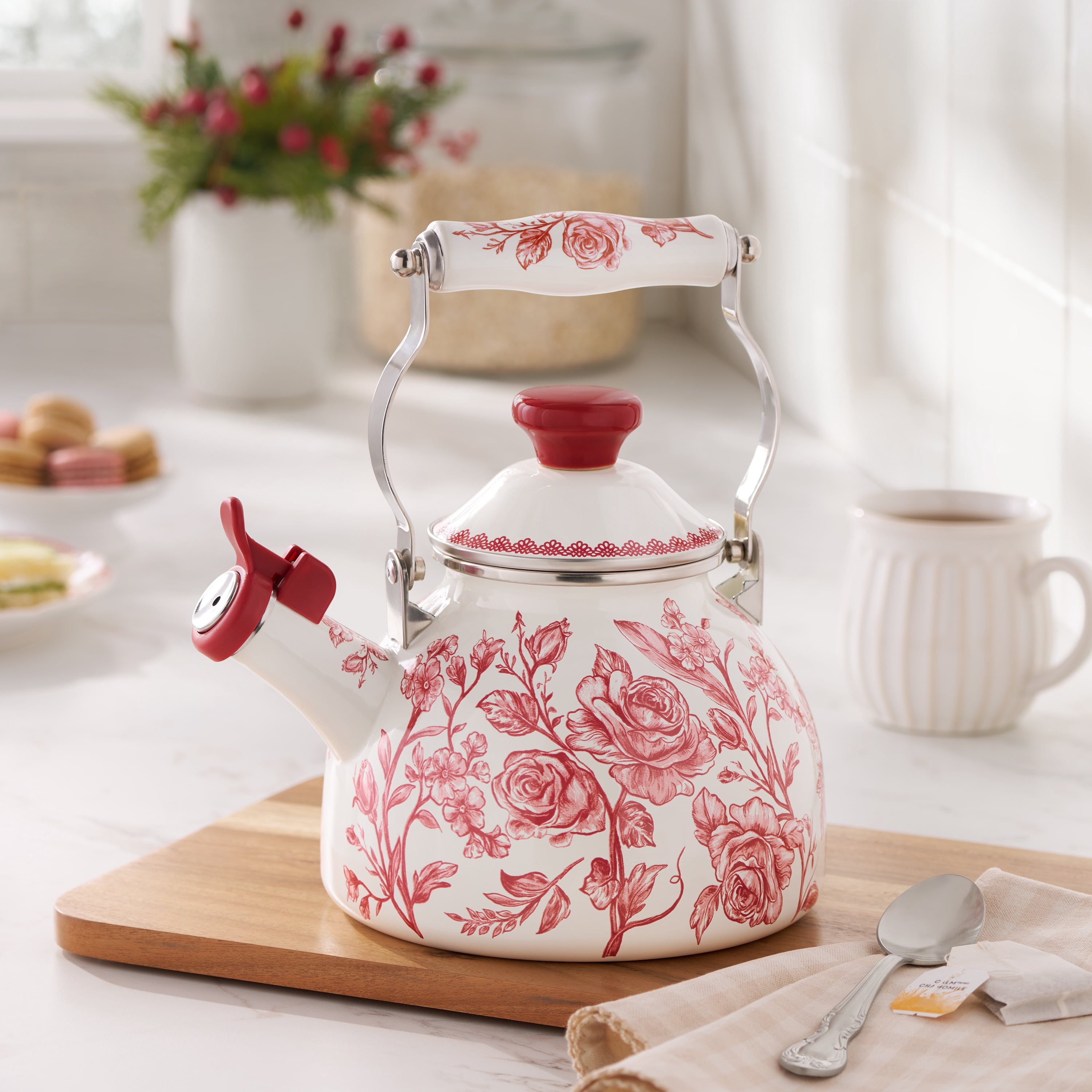 The Pioneer Woman Agatha 2.0-Quart Enamel on Steel Tea Kettle with Lid, Red