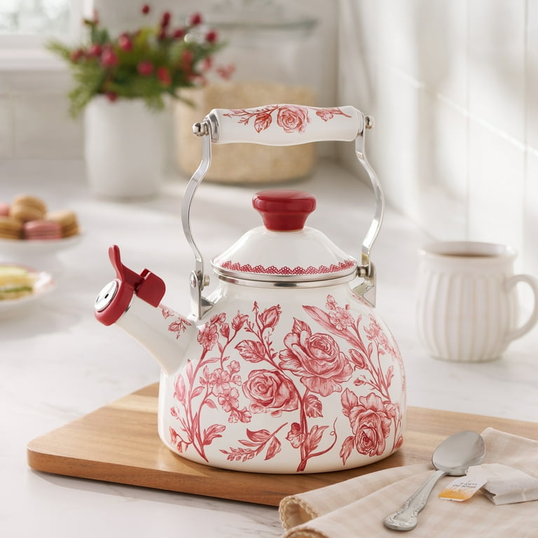The Pioneer Woman Agatha 2.0-Quart Enamel on Steel Tea Kettle with Lid, Red  - Walmart.com